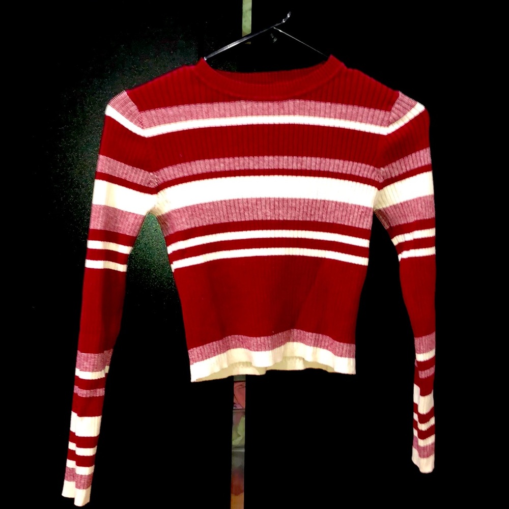 Red & white striped mock neck sweater